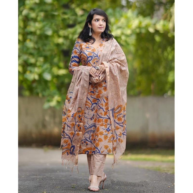 GoSriKi Women's Rayon Blend Printed Straight Kurta with Pant & Dupatta (Kalam Chiku-GS_XXL_Beige_XX-Large)