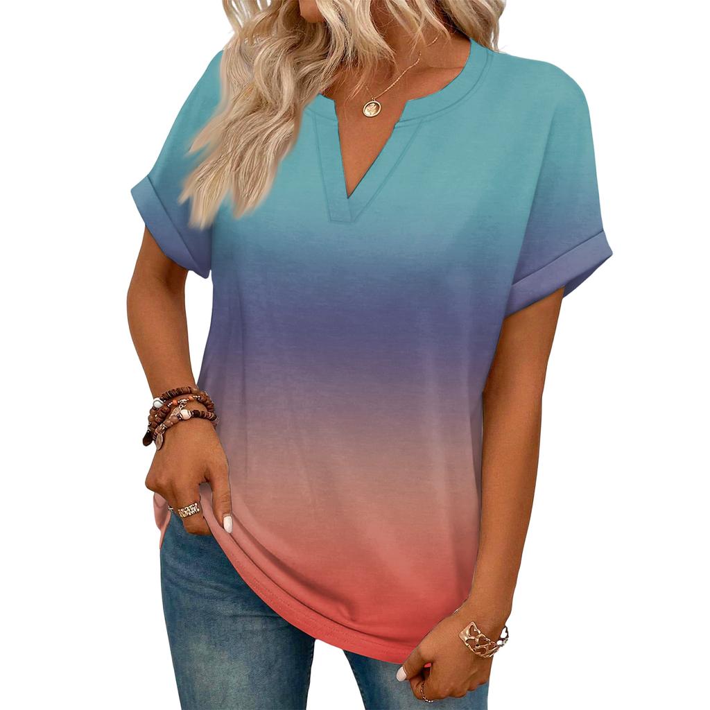 Modny Damski Casualowy T-shirt z Dekoltem V, Krótkim Rękawem i Gradientem