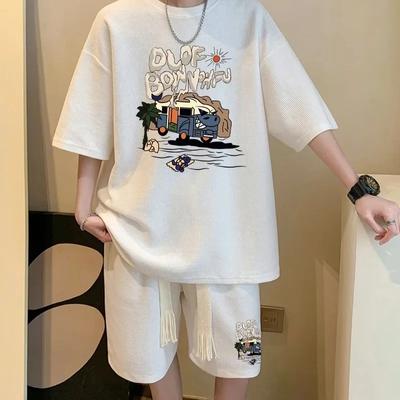 Conjunto de Waffle para Hombre de Moda Coreana Verano Moda Manga Corta Top Shorts Conjunto Ropa Deportiva Chándal de Moda Conjunto de 2 Piezas Estampados