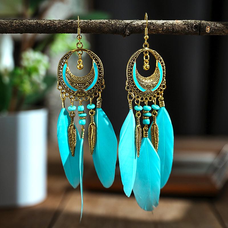

Antique Gold Color Crescent Design Feather Earrings for Women Long Ethnic Elegant Earring Boho Party Vacation Daily Jewelry світло-синій колір