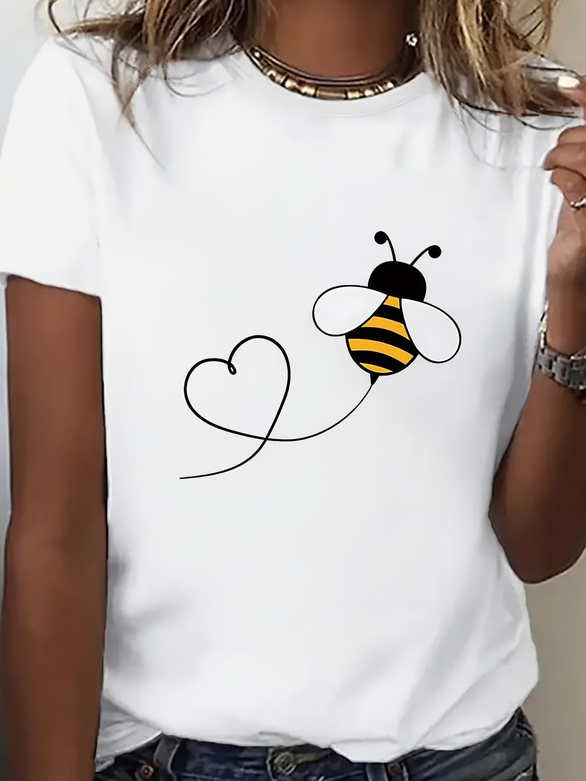 Cute Bee Heart Print White T-shirt XL