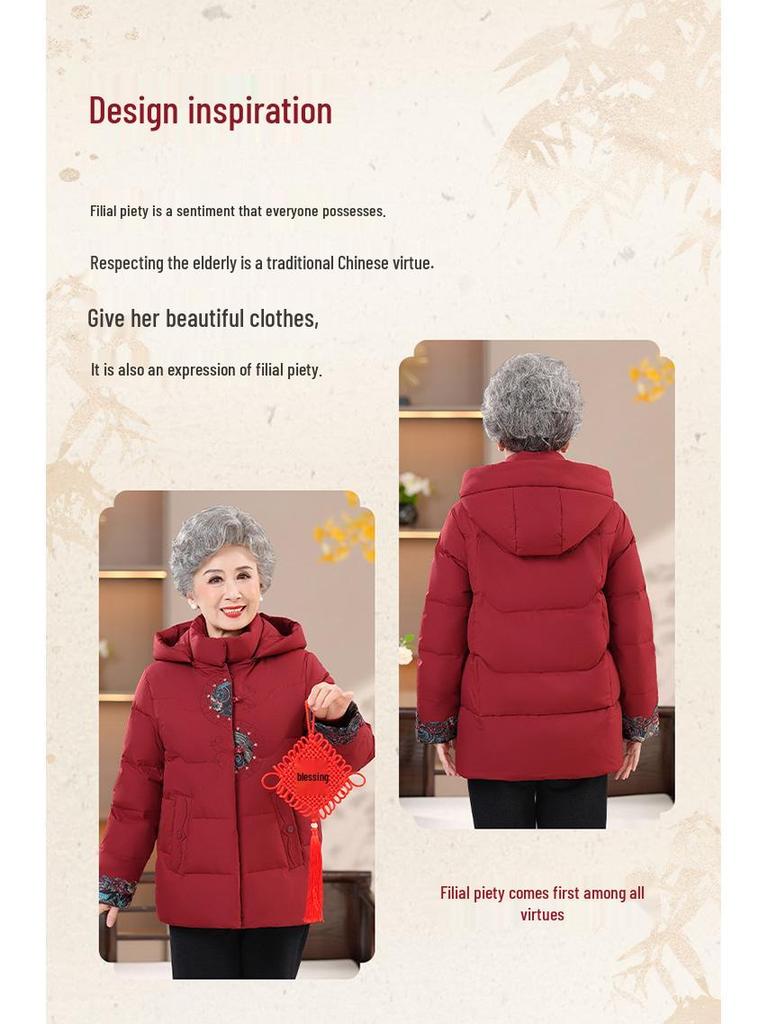 Velvet-Lined Cotton Coat for Middle-Aged Women - Hooded Winter Jacket for Grandma
