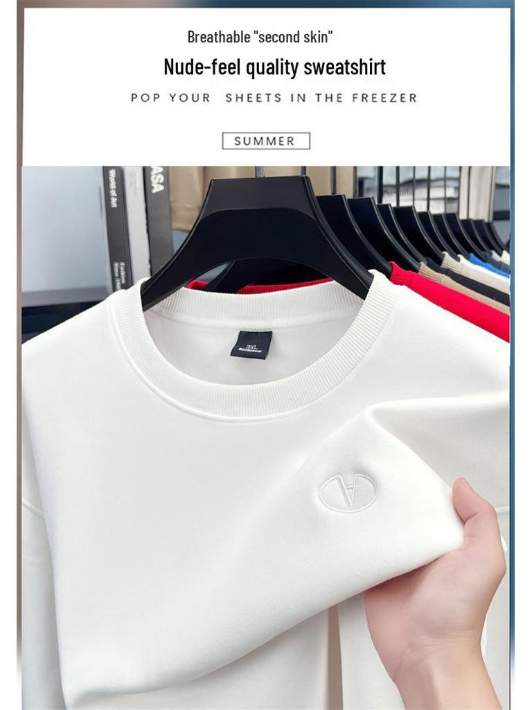 High-End Men's Royal Blue Embroidered Sweatshirt, Round Neck, Velvet-Lined for Autumn/Winter Warmth