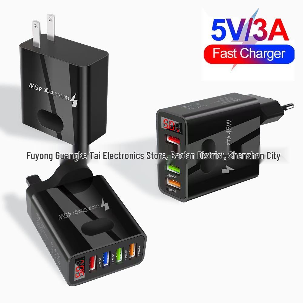 

Colorful Digital Display 4-Port USB Phone Charger 3A with EU/US/UK Compatibility EU Black (Round-pin)