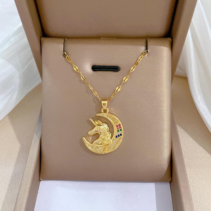 Titanium Steel Moon Pendant Necklace: Elegant Full Diamond Micro-Pave Design, Sparkling and Stylish for Women.