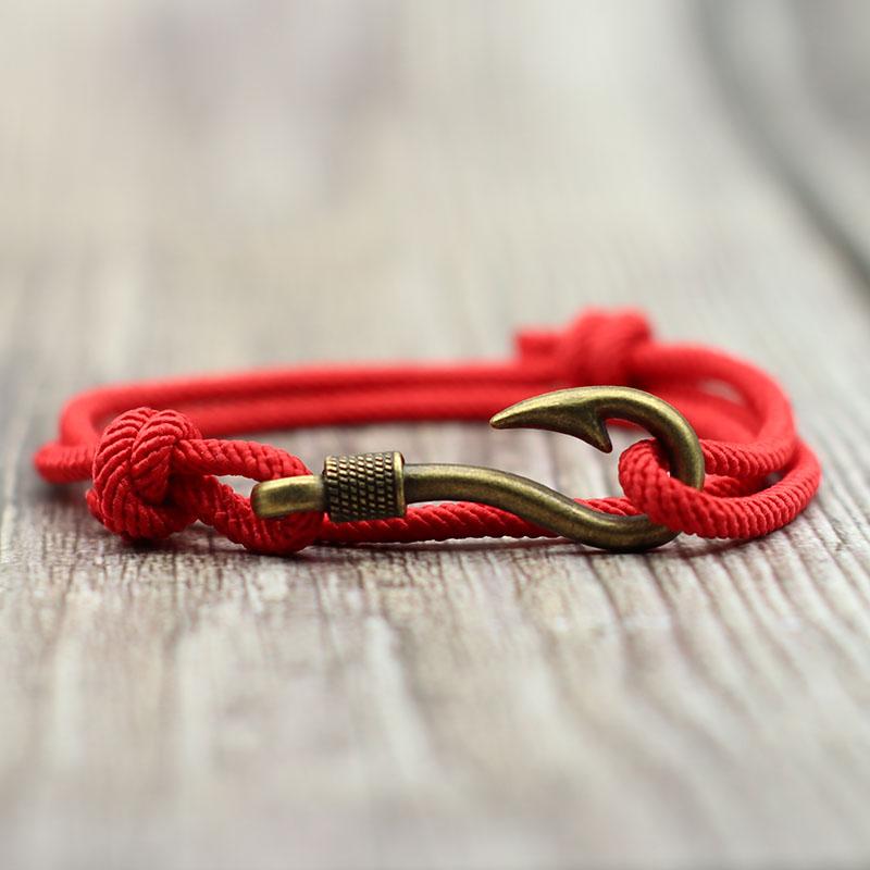 Vintage Fish Hook Man Bracelets Accessories Male Double Layer Lucky Wine Red Braslet Braided Braclet Adjustable Gift For Him