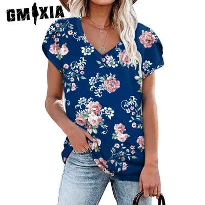 Women's Fashion Casual Summer Spring Solid Color Print Short Sleeve V-Neck Loose Blouses & Shirts