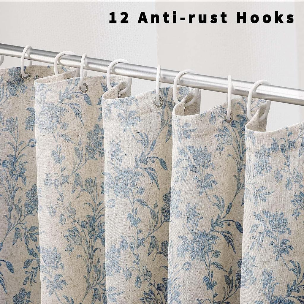 Blue Floral Cotton Shower Curtain Rustic Pastoral Waterproof Plastic Bathroom Liner With Fresh Flower Pattern