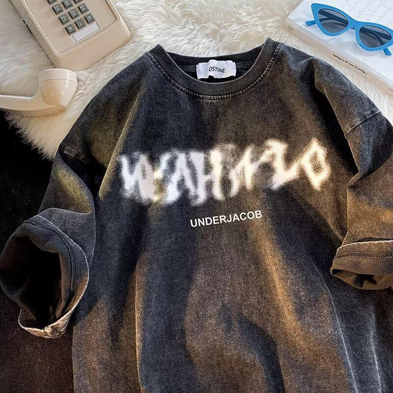 

Тяжелая винтажная хлопковая футболка с принтом тай-дай и потертостями M чёрный