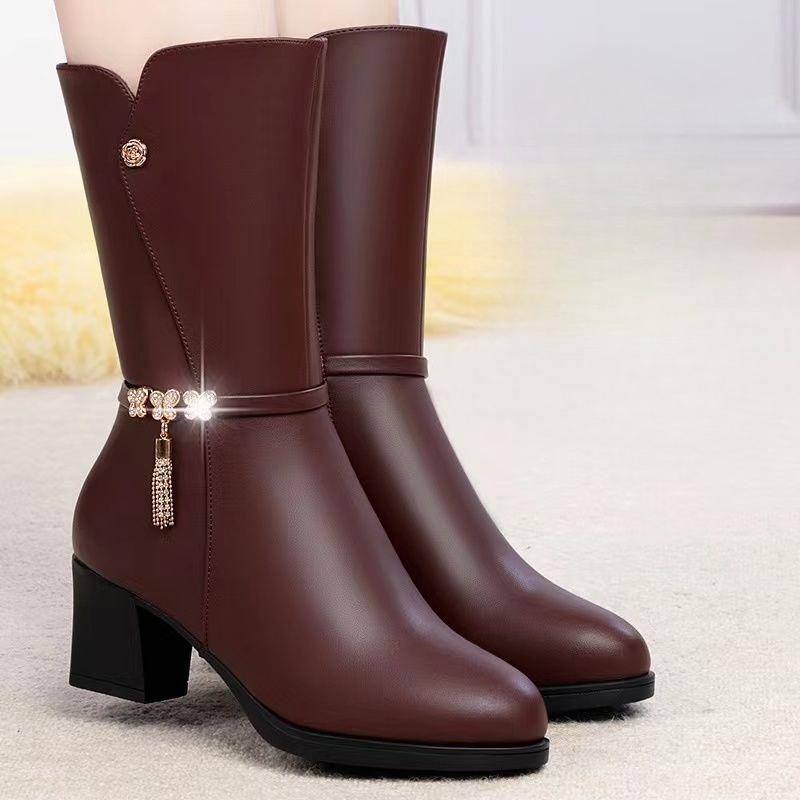 

Модные полусапоги на среднем каблуке со стразами, теплые кожаные, до середины икры, для женщин, тренд осени-зимы 2025, элегантные женские туфли на флисовой подкладке 40