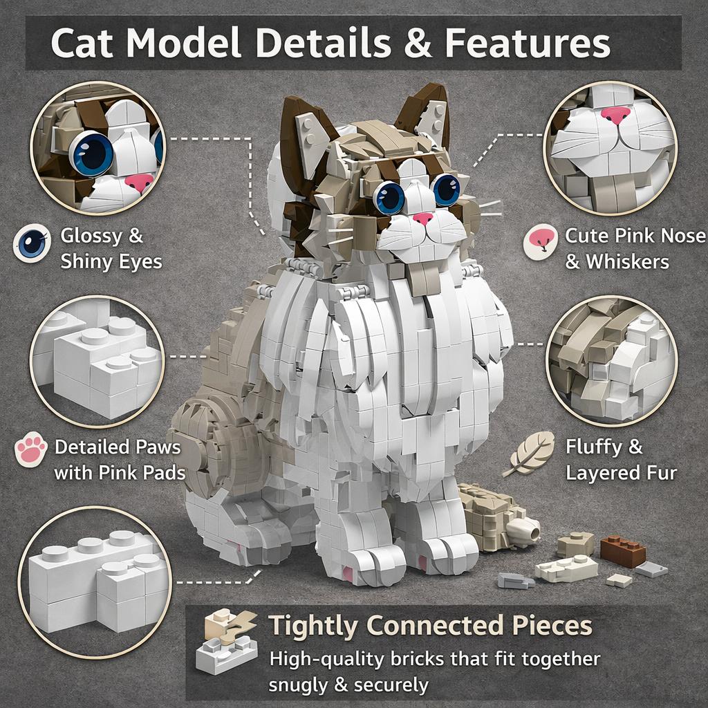 MOC Large Ragdoll Cat Building Blocks Animal Cat Pet Model Desktop Ornament Children's Assembly Toy Creative MOC Gift