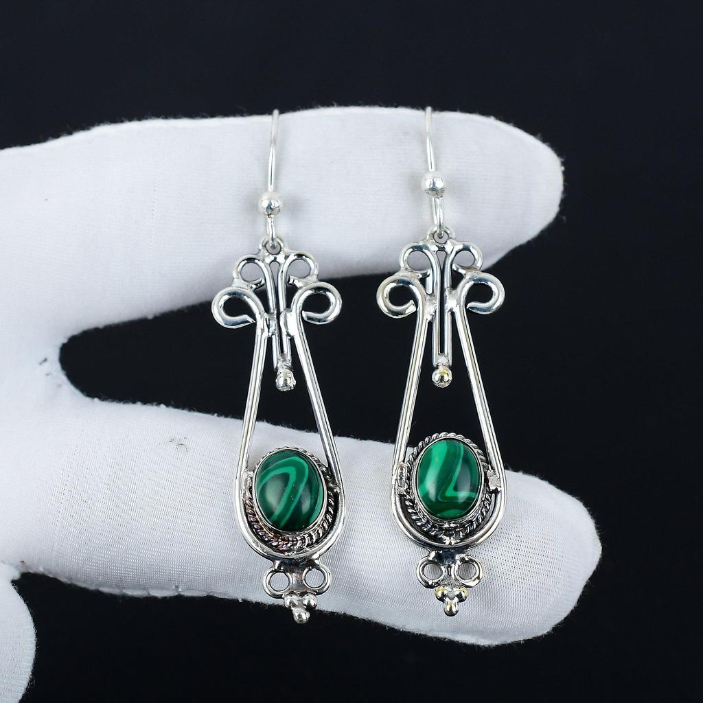 Natural Malachite Gemstone Earrings, 925 Sterling Silver Earring, Handmade Boho Silver Jewelry Dangle Earrings, Party Wear Gifts