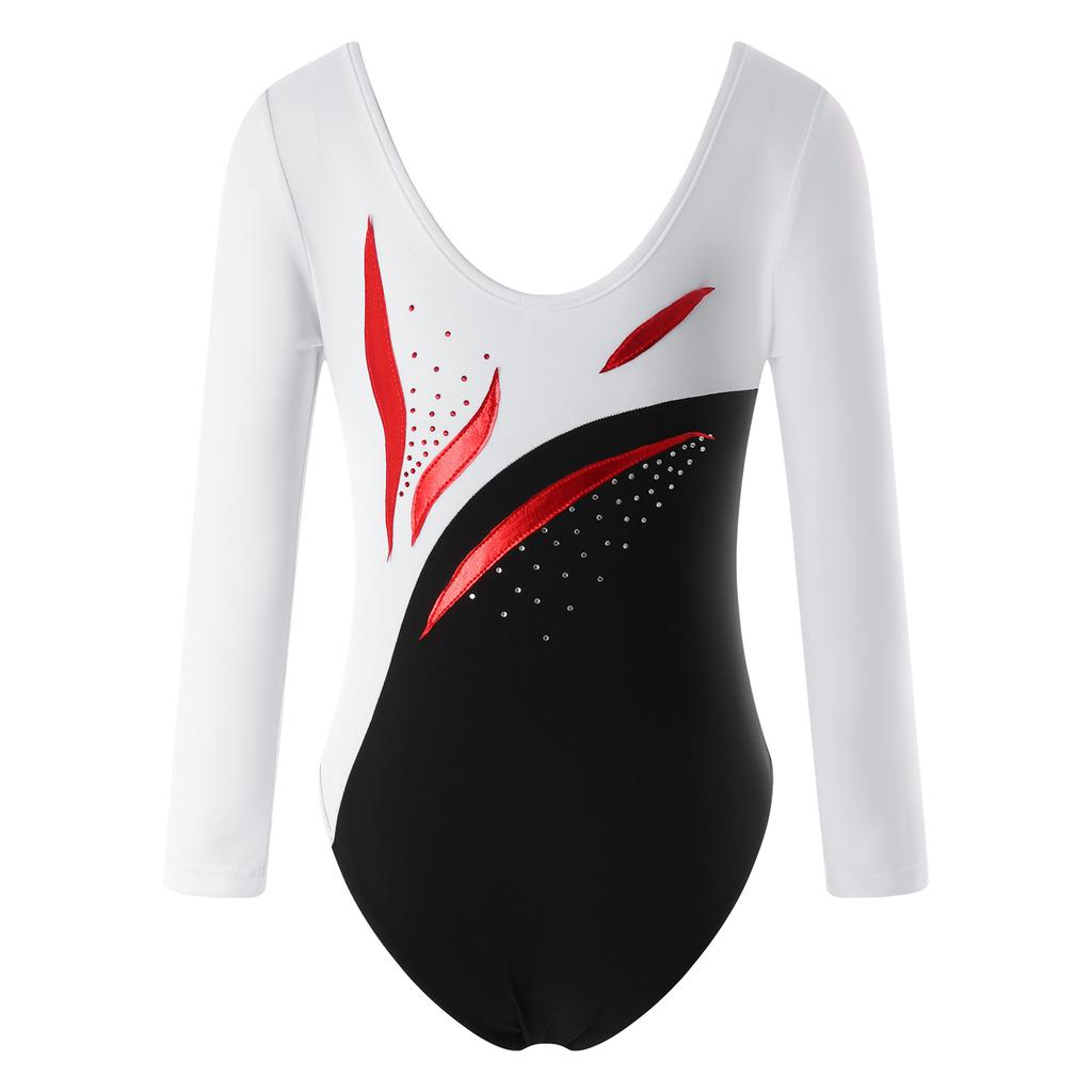 Mädchen Slim Fit Tanzbody Langarm Rundhals Design Glänzende Strass-Dekoration Gymnastikkostüm