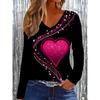 Ladies Casual Elegant V-Neck Valentine's Day Love Pattern Printed Long Sleeve T-Shirt