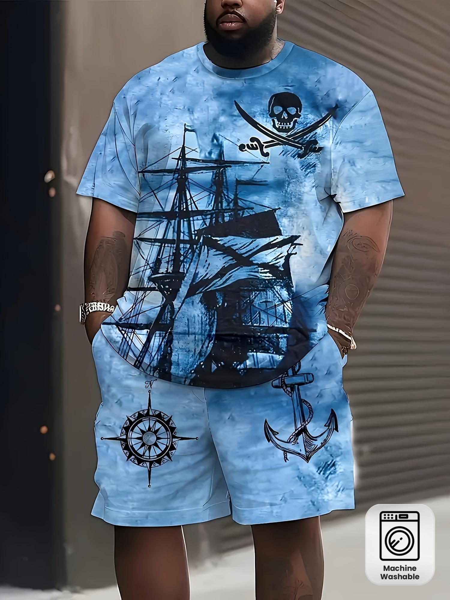 Men s Plus Size 3D Pirate Ship Print 2-Piece Set S