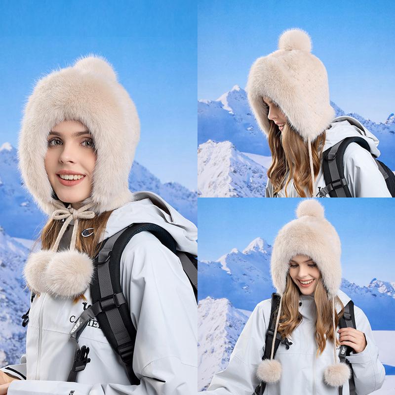 Winter Thick Coldproof Cap Plush Ball Warm Ear Protection Cap Women's Big Head Circumference Bomber Hat
