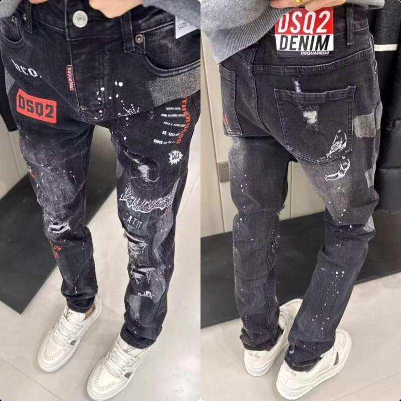 Mens Slim Fit Jeans Punk Style Distressed Printed Denim Pants Teens Casual Wear