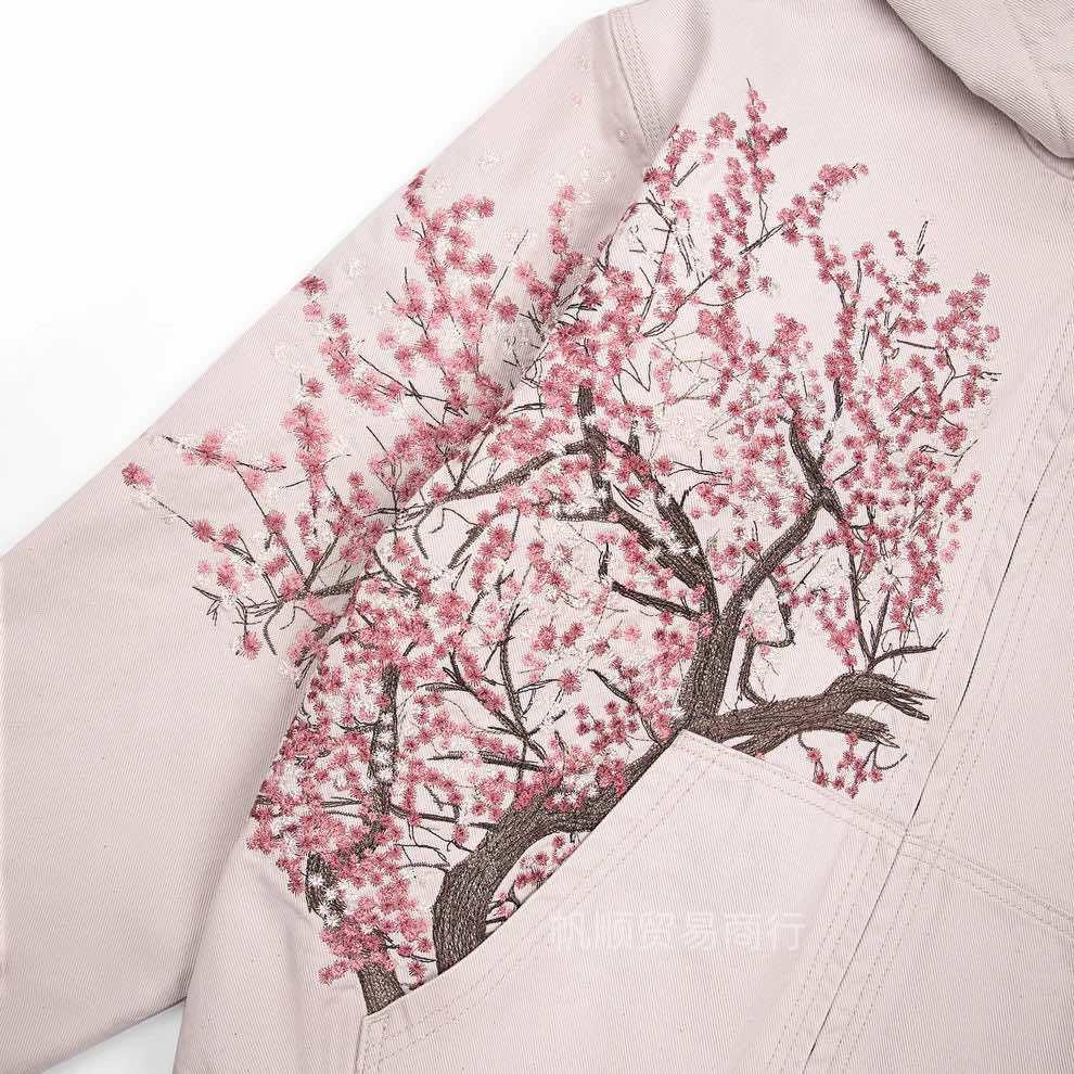 Women's Hooded Long Sleeve Zip Up Jacket Oversized Streetwear Cherry Blossom Print Cotton Blend Hoodie Coat