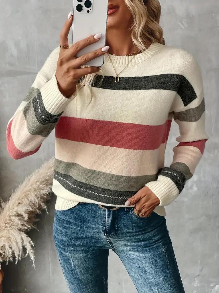 Women's Striped Patchwork Knit Sweater - Autumn Loose Fit, Lazy Style, Round Neck Fashion for Girls