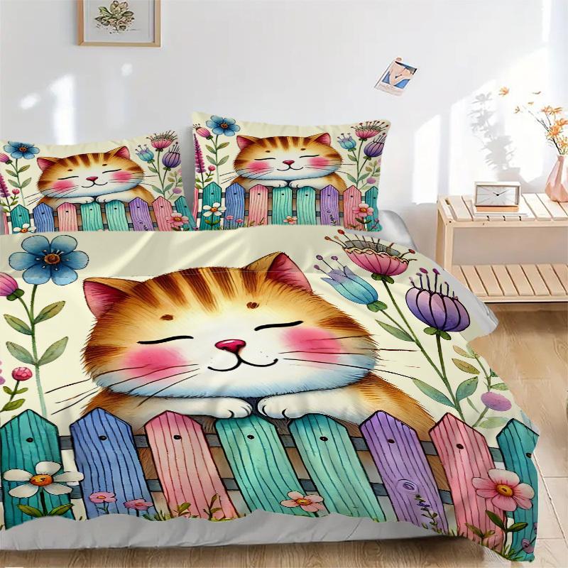 3pcs bedding set Cat Garden Includes 1 Comforter + 2 Pillowcases, Without Pillow Inserts, Soft Comfortable,Bedding Set,a0909003