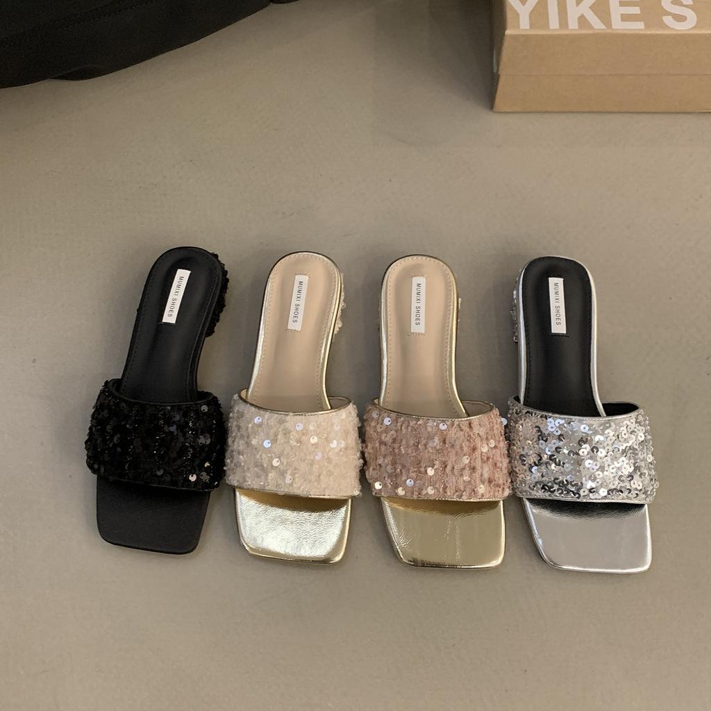 French Rhinestone Sequined Thick Heel Slippers Women's Summer Wear 2025 New Low Heel Design Silver Sandals