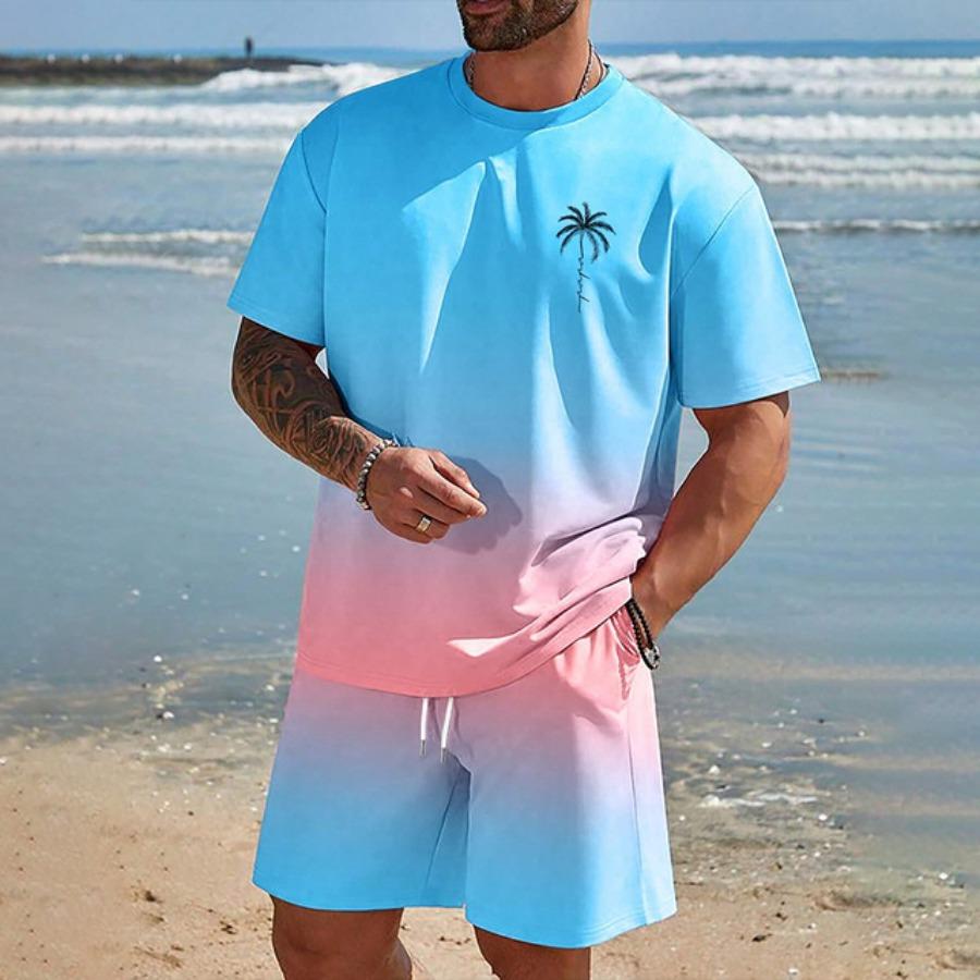 Hawaii European 3D Printed Men's Short Sleeved Fashionable T-shirt Dopamine Beach Casual Shorts Set Soft and Comfortable