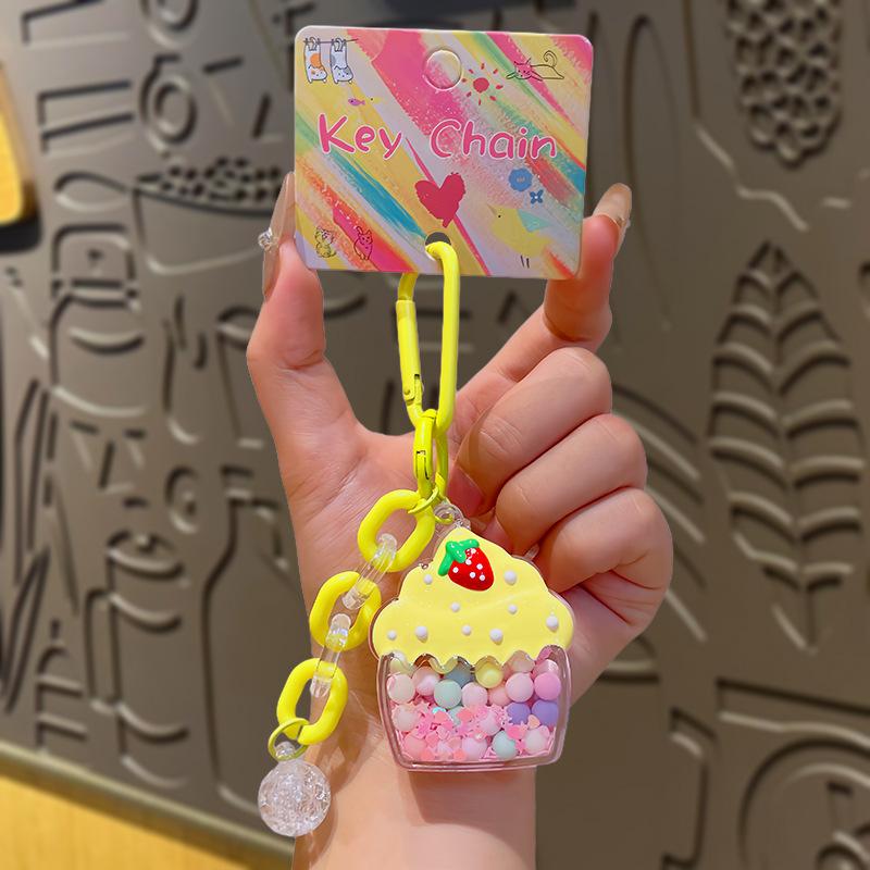 Cream Strawberry Ice Cream Pendant, Cute Flowing Sand Oil Keychain, Creative Small Accessory, Bag Pendant