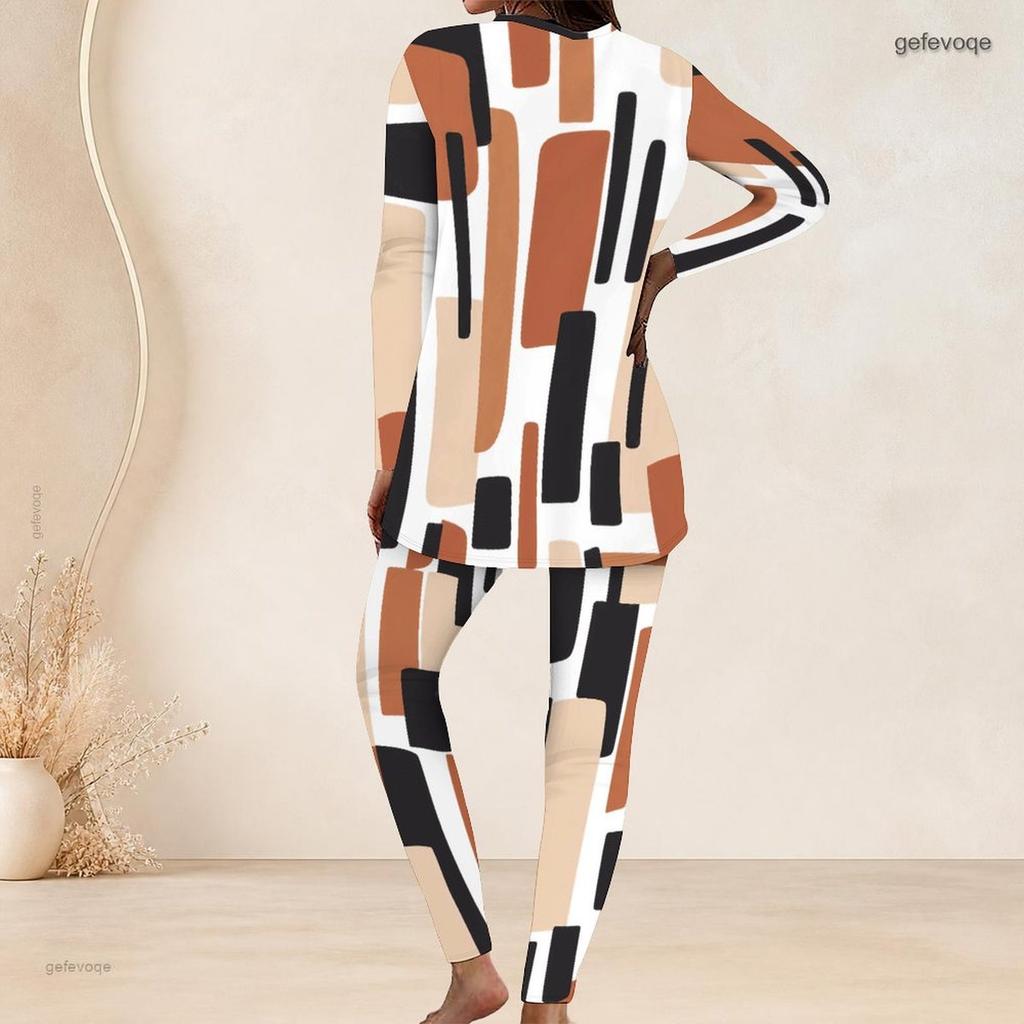 Women Plus Size Abstract Printed Two Piece Pants Set Round Neck Long Sleeve Longline Top Fitted Pants