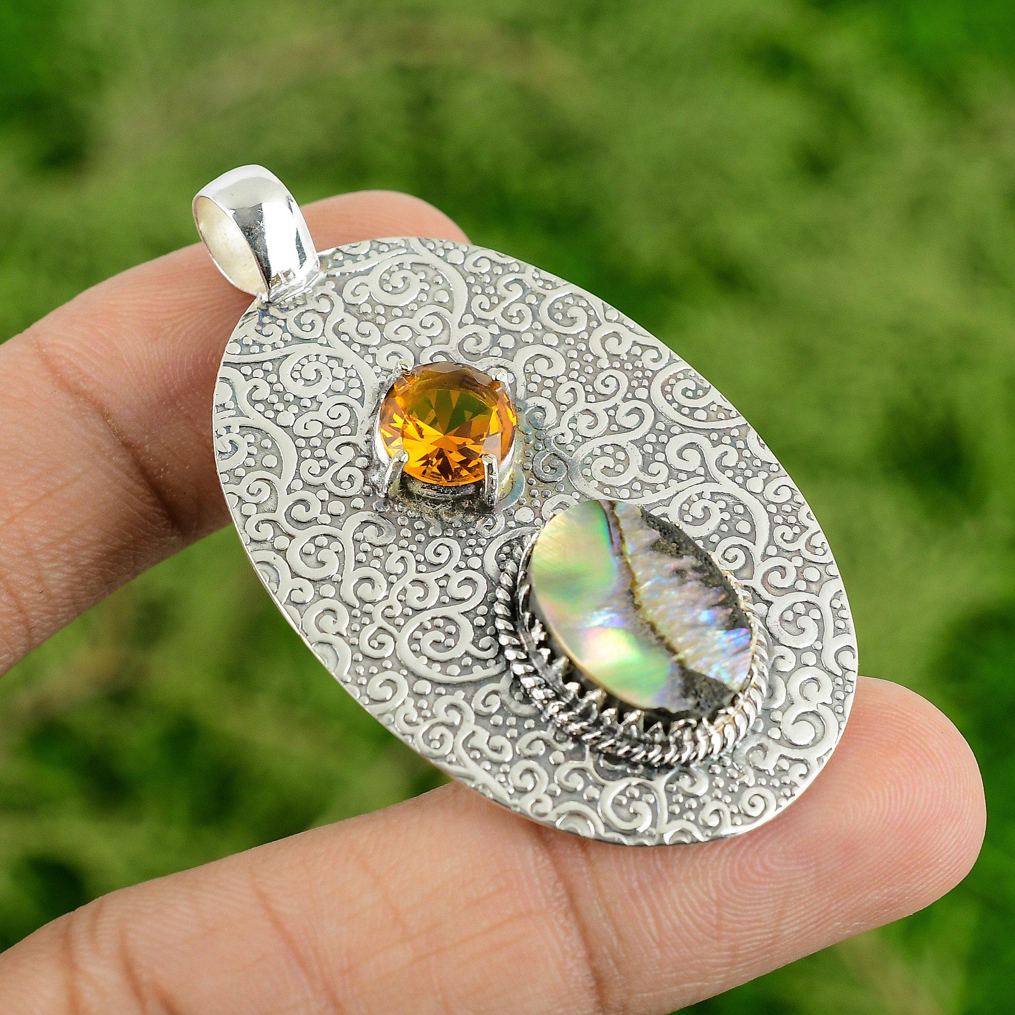 

925 Sterling Silver Natural Abalone Shell Citrine Daughter Boho Pendant Jewelry