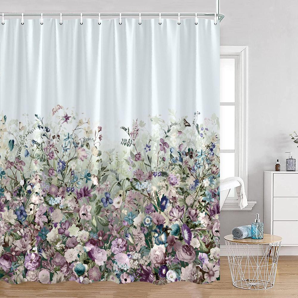 Floral Shower Curtain Colorful Flowers Birds Butterfly Botanical Green Leaves Bathroom Curtains Modern Bathtub Decor with Hooks