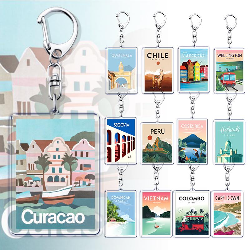Chic Studio Unisex Silver Creative Curacao Travel Enthusiast Gift Keychain Copen Hagen Keyrings For Accessories Bag Key Chain Ring Jewelry Hotel Souvenirs