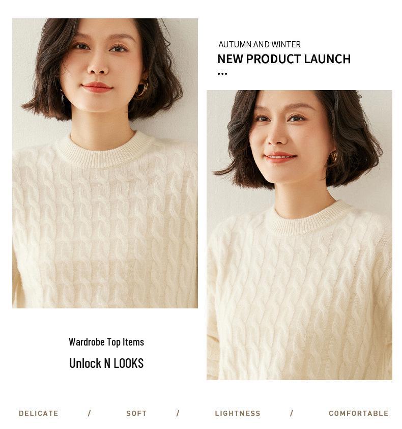 Women's Slim Fit Retro Cable Knit Cashmere Sweater - Round Neck Pullover, Base Layer for Autumn/Winter.
