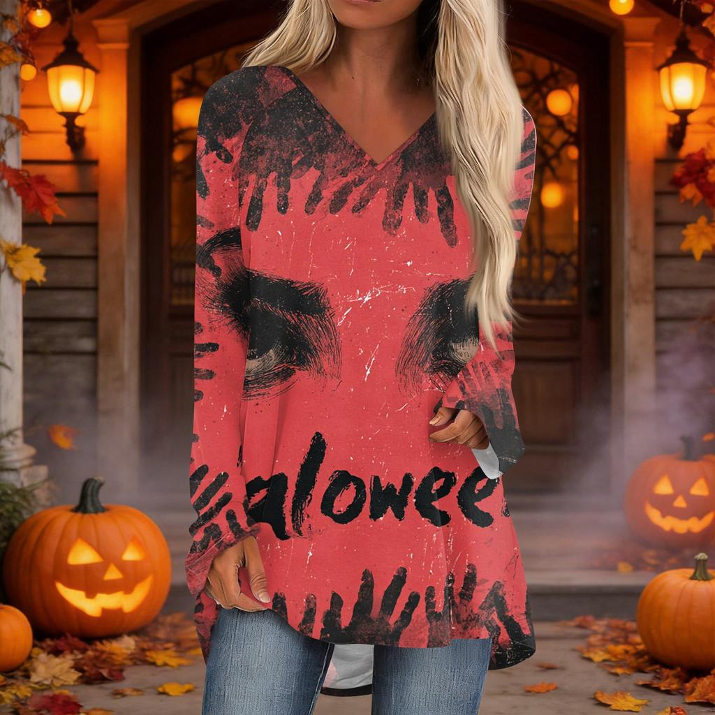 Women's Casual Long Sleeve V-Neck Print Tunic Top for Fall