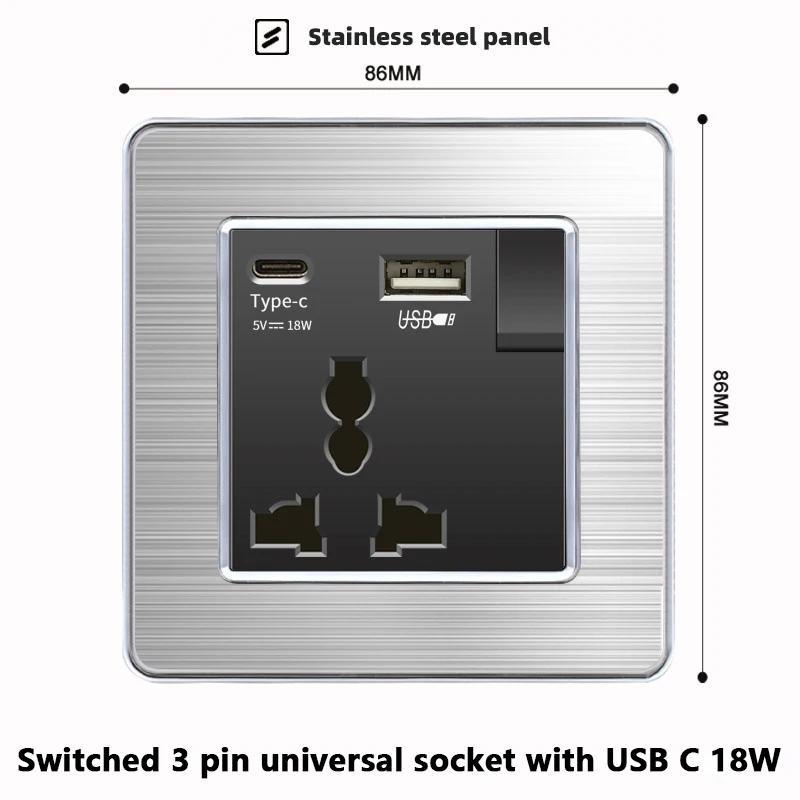 luxury Brushed Stainless Steel Wall Light Switch,Universal 5pin 18W Type-C Quick charging outlet,UK Standard Dual USB Socket