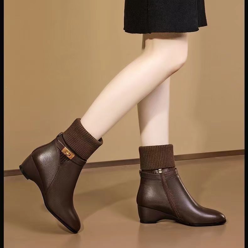 2025 autumn and winter new boots women's soft leather wedge heel short boots women's shoes platform high heel socks tube boots wool women's boots thin