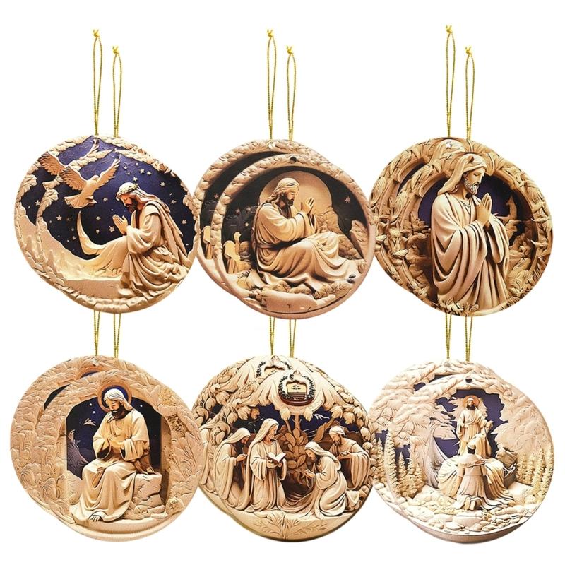 12pcs Wood Pendant Christmas Tree Ornament Set Hanging Decoration with Detailed Craftsmanship Religious Accessories