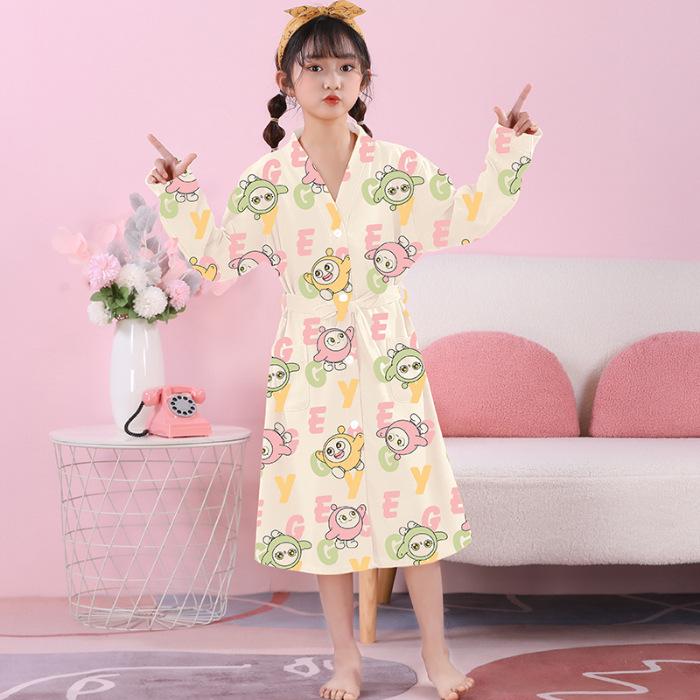 Girls' Combed Cotton Long-Sleeve Pajama Robe - Spring/Summer Bathrobe for Kids, Cute Sleepwear for Middle and Big Girls