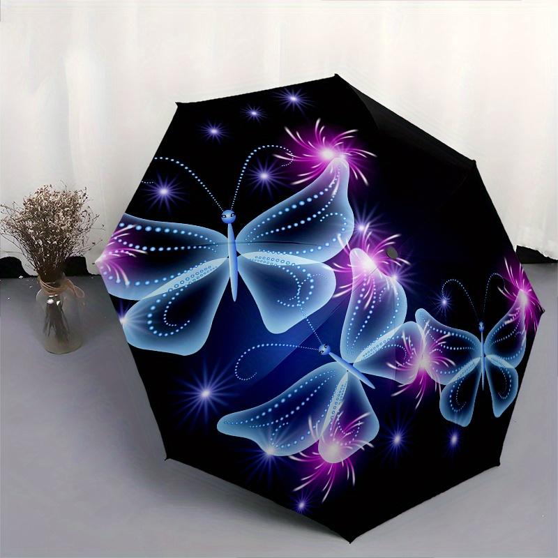 Glowing Butterfly Umbrella - Magical Fairy Garden Theme, Portable 3-Fold Compact Design, Automatic Open, Durable Plastic & Iro