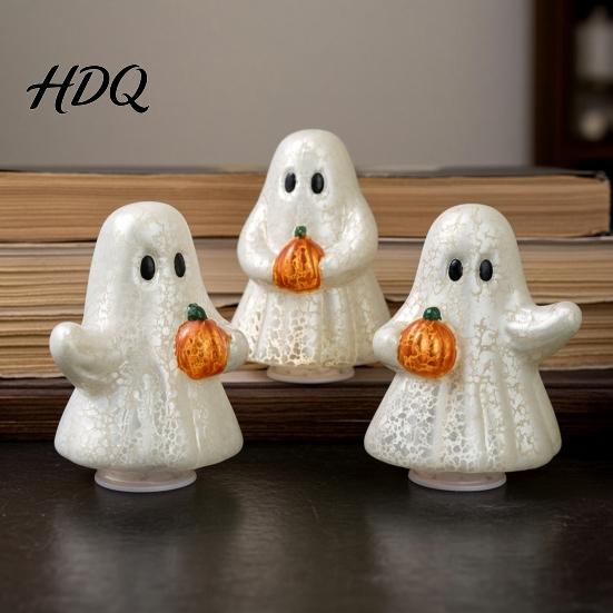 Decorative Figurine for Living Room Light-Up Cute Ghost Resin Figurine Glowing Desktop Ornament Warm LED Luminous Light Halloween Statue Bedroom
