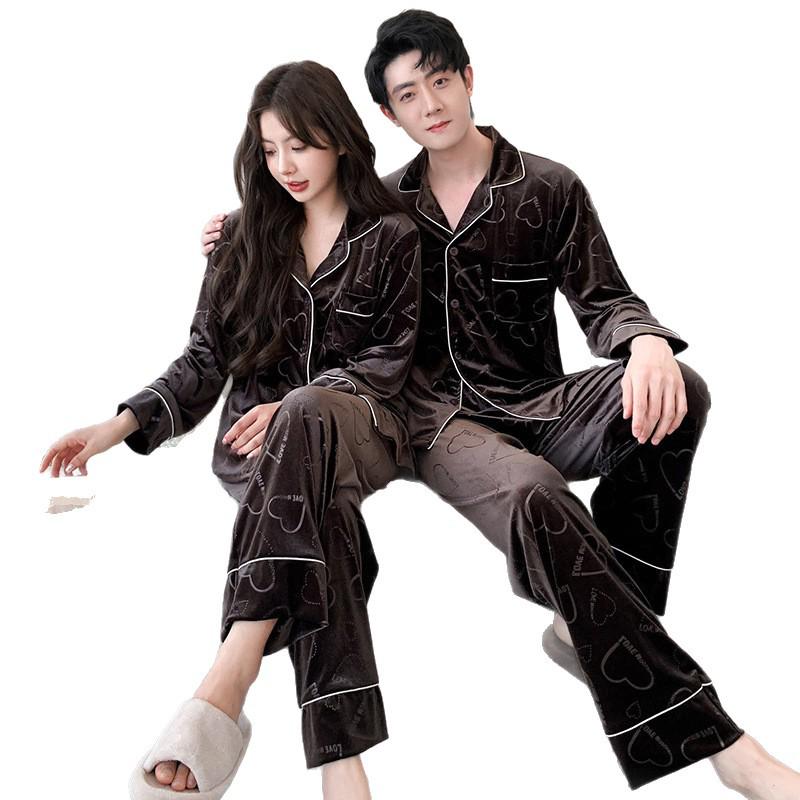 Luxurious Gold Velvet Couple Pajamas – Thick, Long-Sleeved, Plus-Size for Autumn/Winter, Suitable for Home or Outdoor Wear