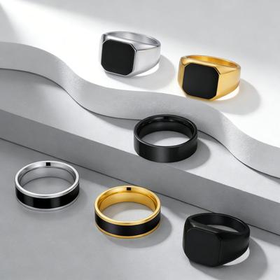 Anelli per Coppia Transfrontalieri Europei e Americani: Anelli Sigillo Nuziali in Acciaio Inossidabile con Smalto Nero e Placcatura in Oro 18K.