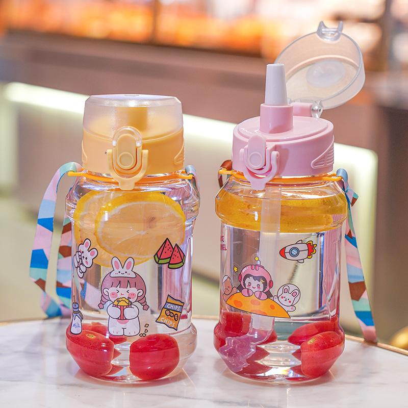 Water bottle New plastic straw cup Children's cartoon one-click elastic cover cup Baby learning drinking cup Outdoor portable strap water cup