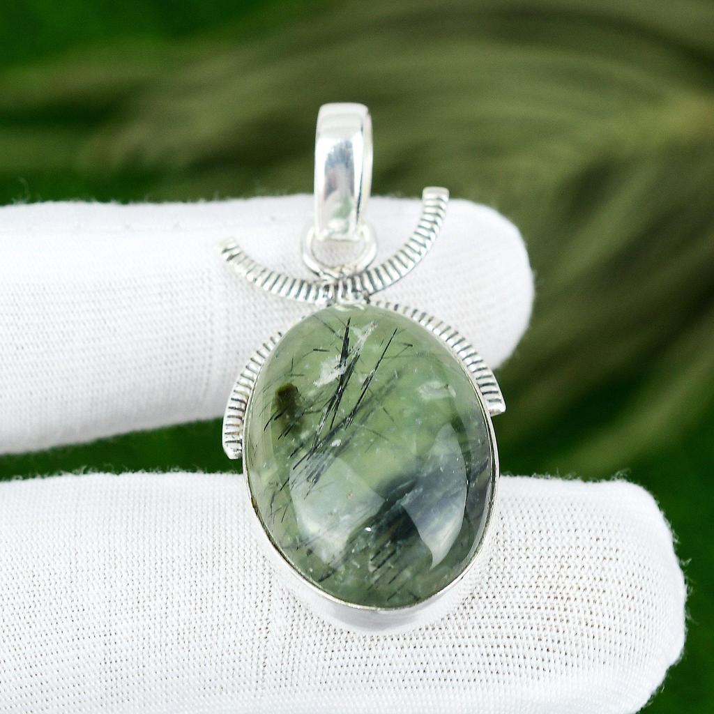 Bijoux en Pierre Préhnite Mousse Naturelle Pendentif en Argent Sterling 925 Pour Filles