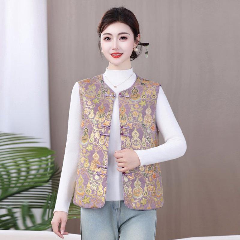 Damen Retro Chinesischer Stil Froschknopf Rundhals Weste – Frühling/Herbst Kürbis Jacquard Design
