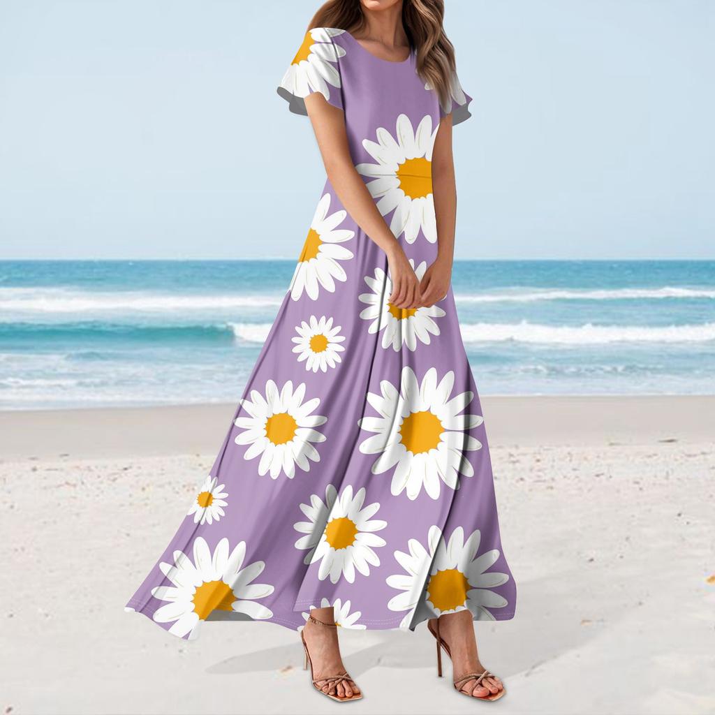 Women's Hawaiian Print Casual Round Neck Short Sleeve High Waist Dress