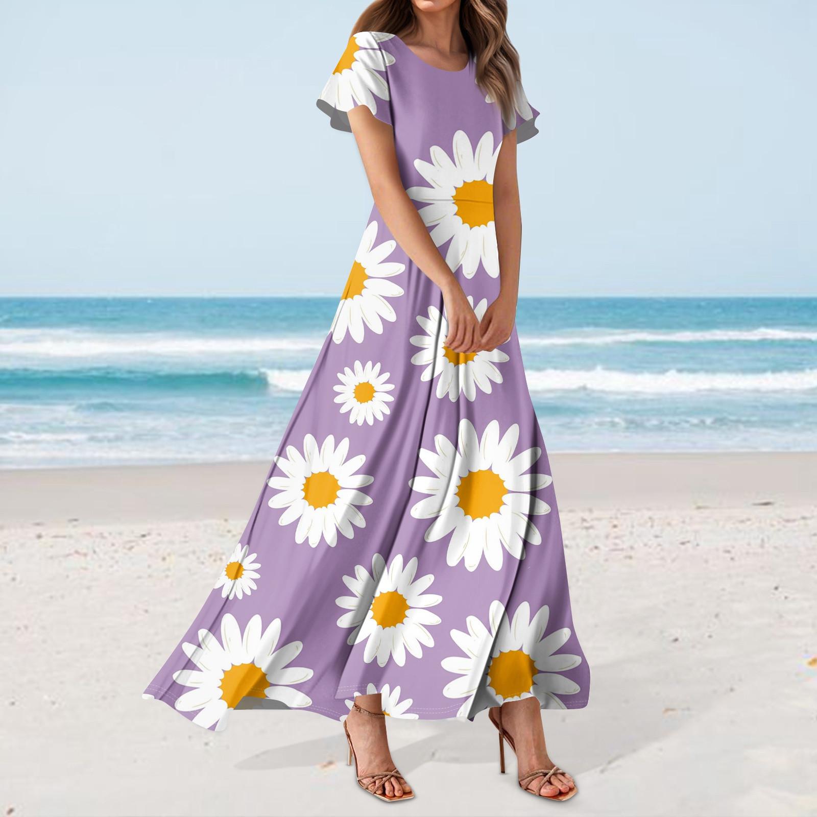 

Женское повседневное платье с гавайским принтом, круглым вырезом, короткими рукавами и высокой талией L розовый