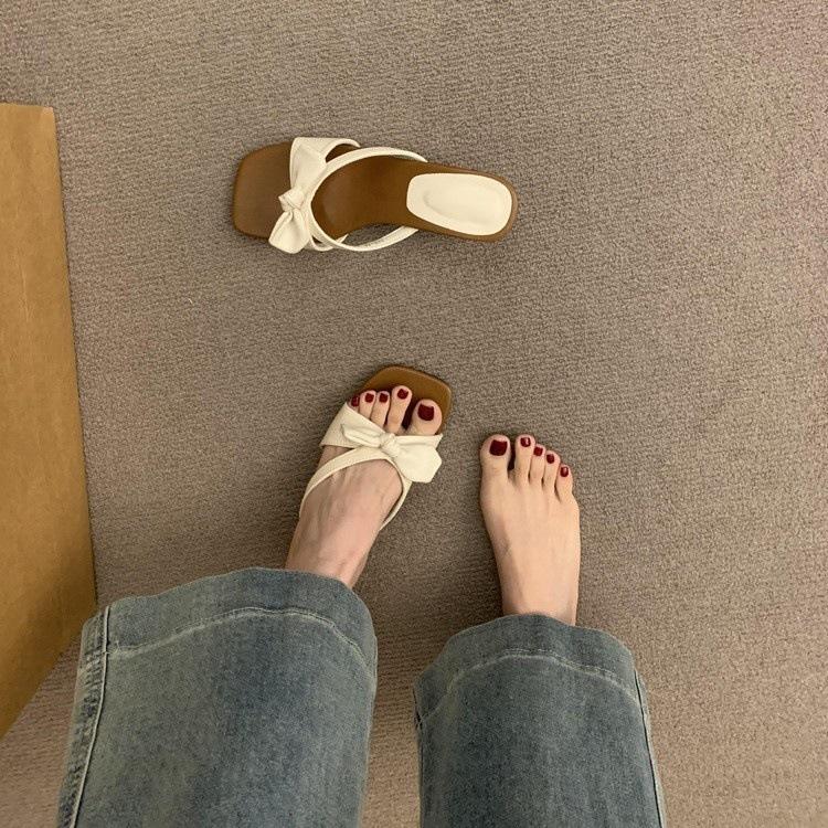 2025 New French Square Head Open-toed One-word Cool Slippers Women Wear Fairy Style Versatile Thick-heeled Slippers In Summer