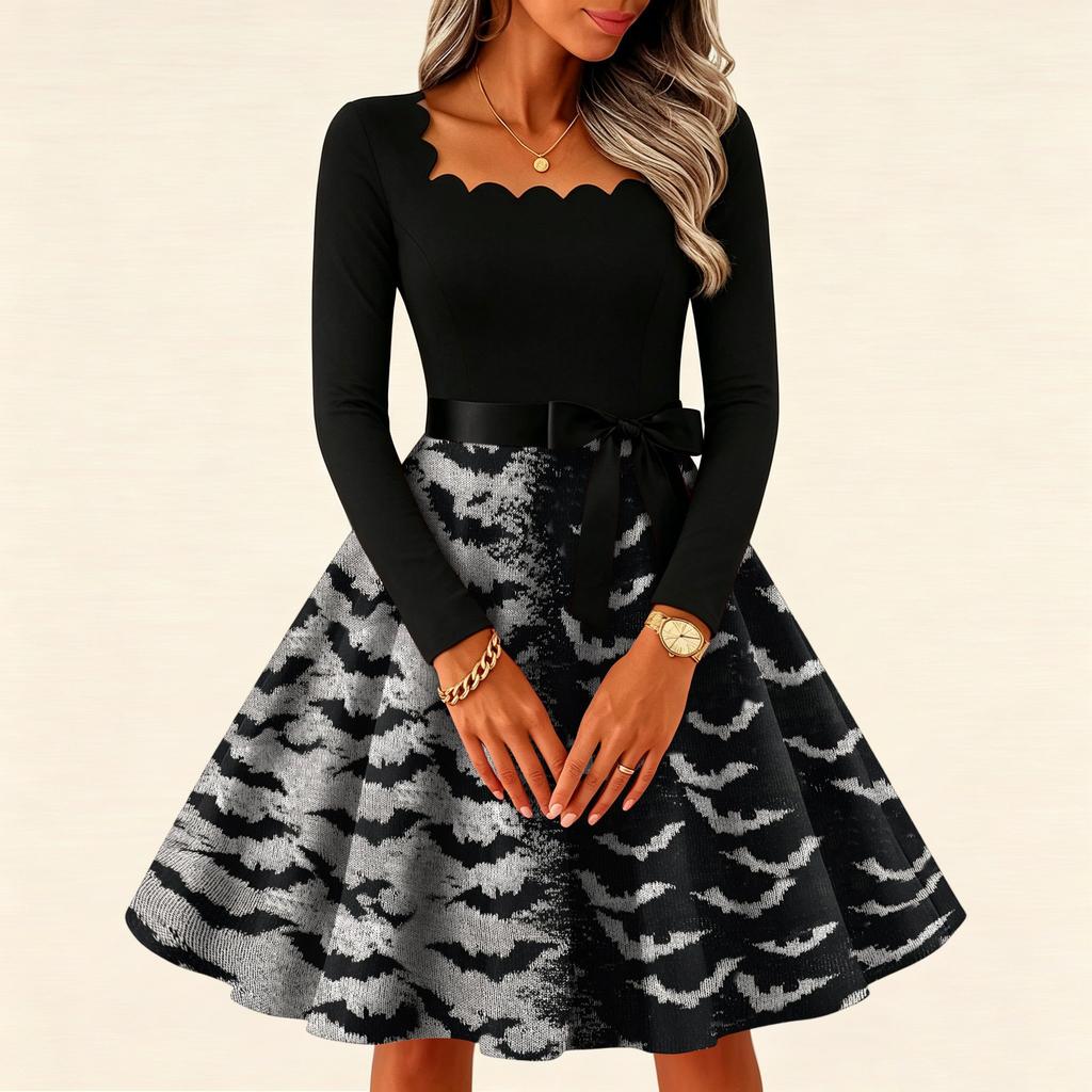 Women Vintage Long Sleeve Square Neck Bat Print Evening Party Dress Halloween Costume Retro Style Waist Flared Skirt