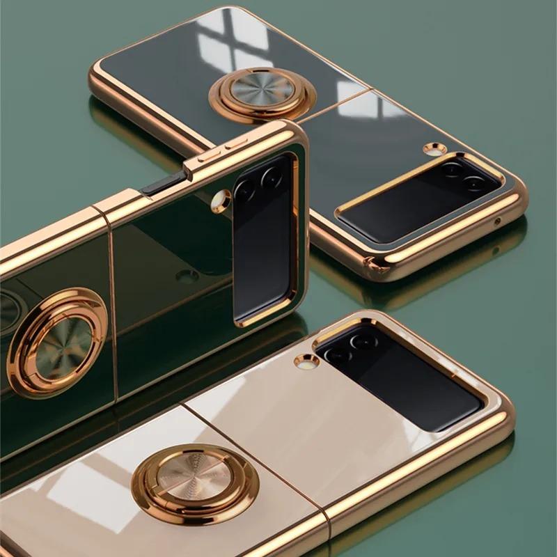Funda de Silicona con Chapado para Samsung Galaxy Z Flip 5 4 3 Z Fold 5 ZFold ZFlip Fold5 Fold4 Flip5 Flip4 Flip3 Cubierta con Soporte de Anillo