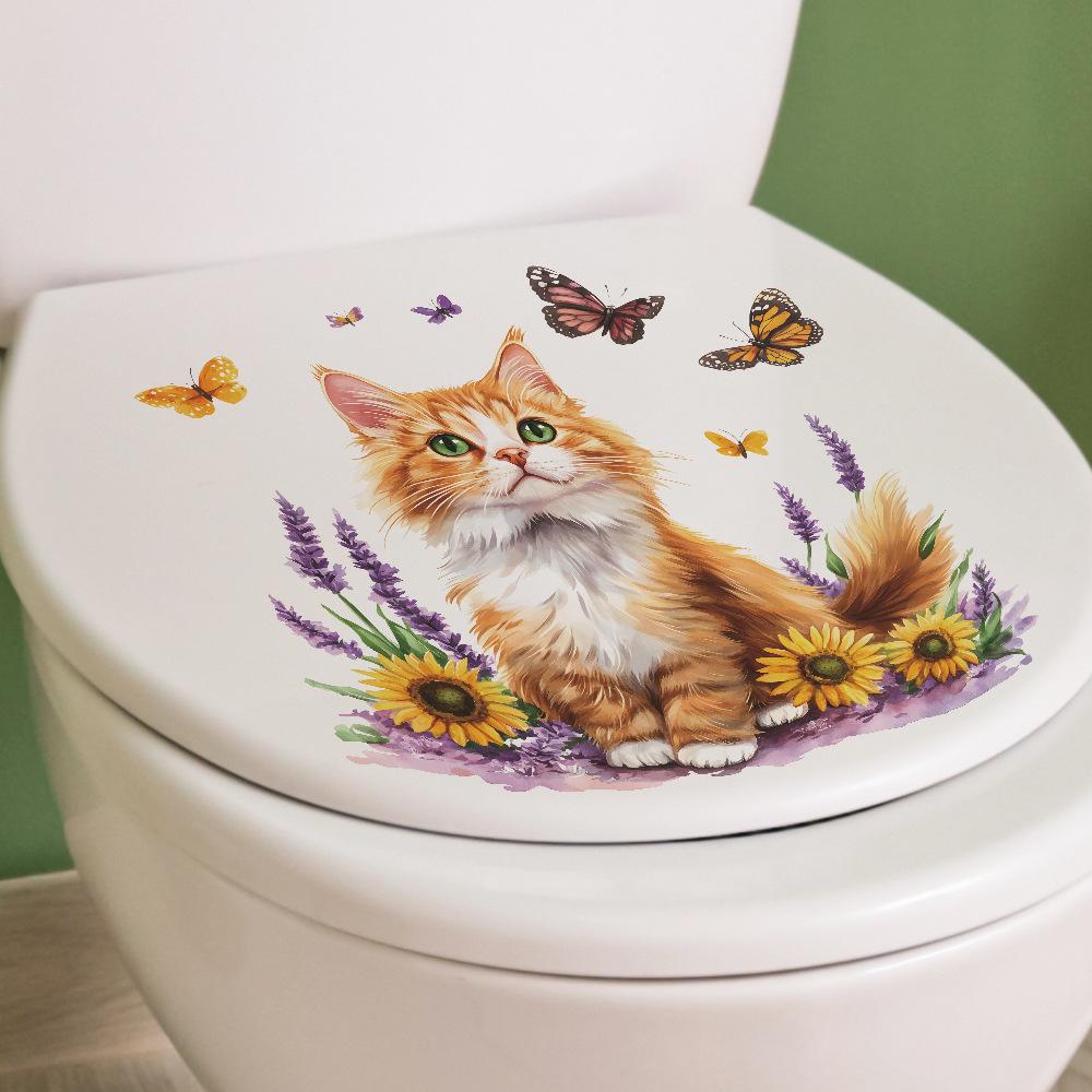 Playful Cat with Flowers and Butterfly Toilet Sticker Waterproof Self-Adhesive Removable Decal for Bathroom WC Decoration